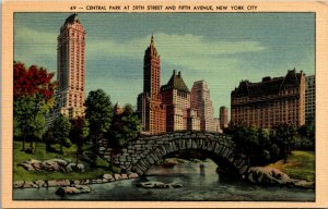 Vtg 1930s Central Park at 59th Street & Fifth Avenue New York City Postcard