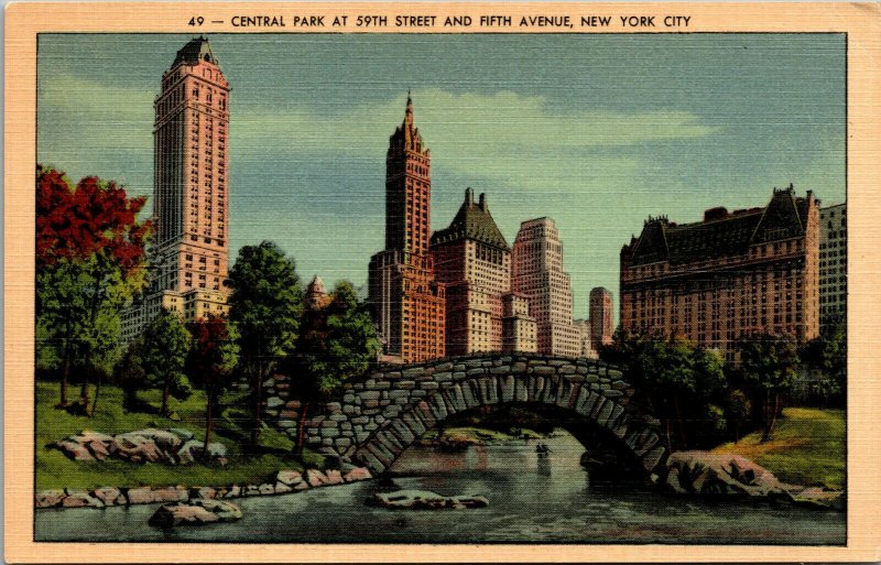 Vtg 1930s Central Park at 59th Street & Fifth Avenue New York City Postcard