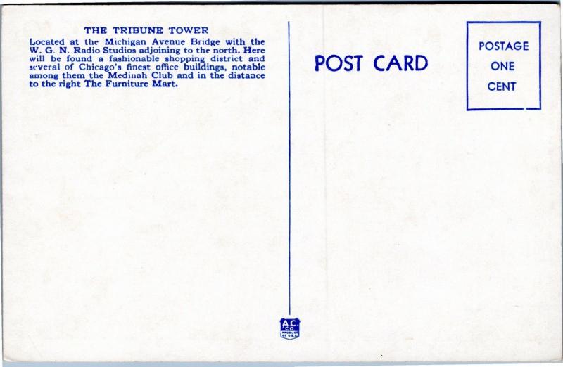 postcard IL - Tribune Tower and Michigan Avenue Bridge, Chicago