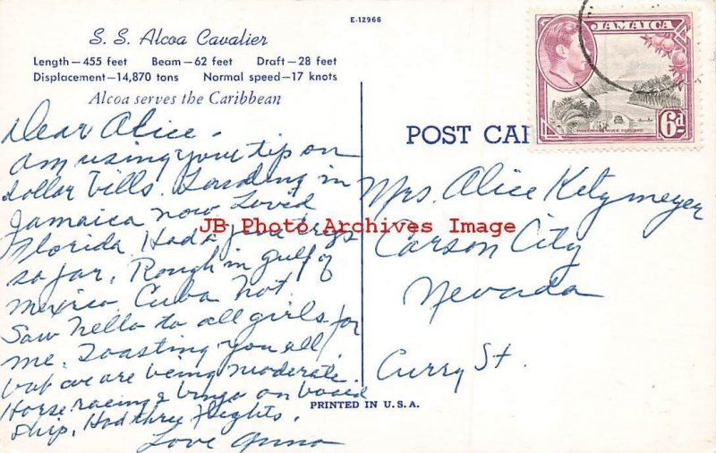 Alcoa Steamship Company Steamship, Steamer Alcoa Cavalier, Jamaica Postmark