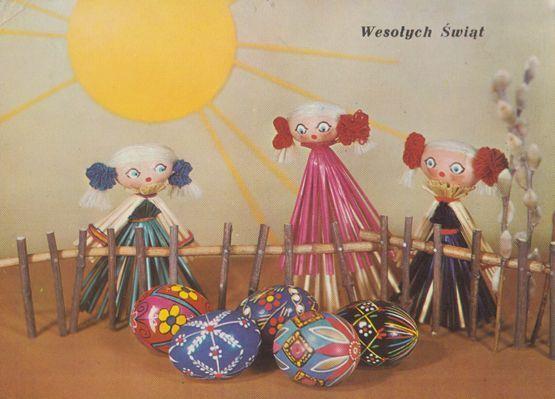 Poland Corn Dolls In Long Pink Fashion Dress Dolly Polish Happy Easter Postcard