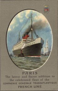French Line Steamship CGT PARIS Poster Art c1915 Unused Postcard