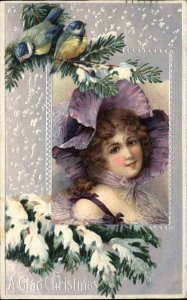 Christmas Beautiful Young Woman in Purple Blue Birds Border c1910 Postcard