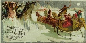 1880's Victorian Religious Card Winter Scene Horses Sleigh Moon People P84