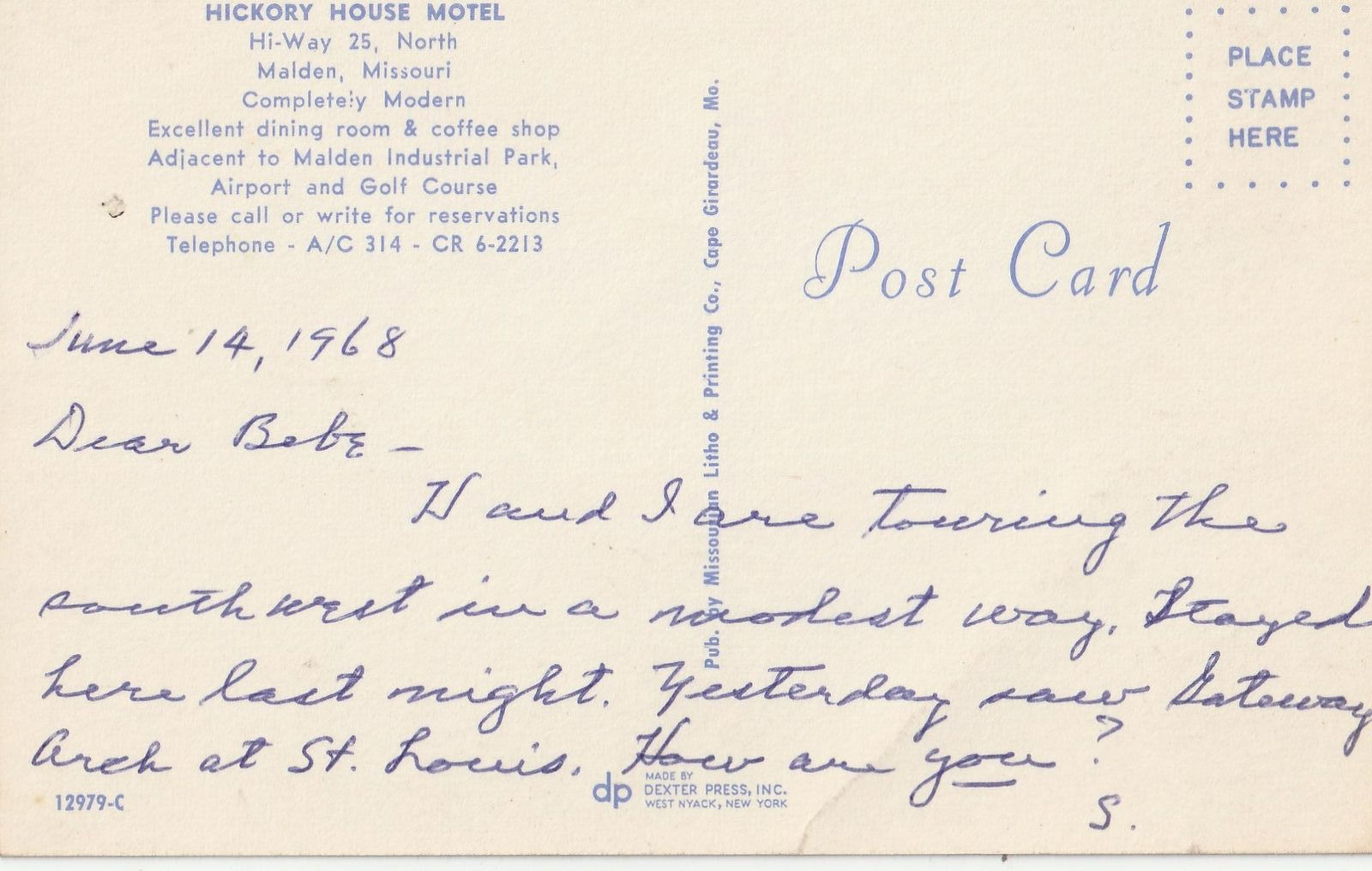 Vintage Postcard Hickory House Motel Malden Missouri 1968 Mint Card