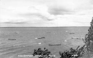 Houghton Lake Michigan 1940s RPPC Real Photo Postcard Boats in Lake Dock