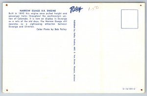 Transportation~Narrow Gauge Railroad Engine On Display @ Durango~Vtg Postcard