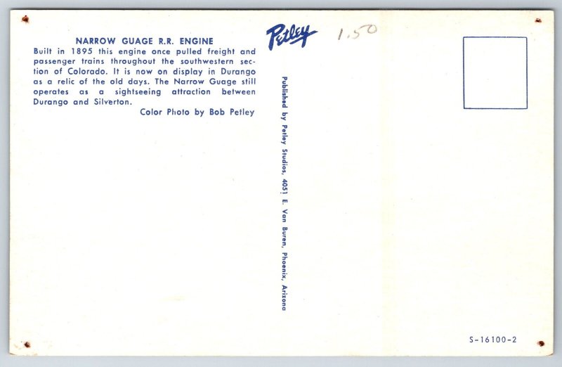 Transportation~Narrow Gauge Railroad Engine On Display @ Durango~Vtg Postcard