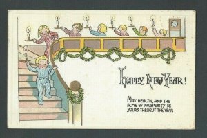 1914 Post Card Happy New Year W/Children Holding Candles Has Xmas Seal WX15