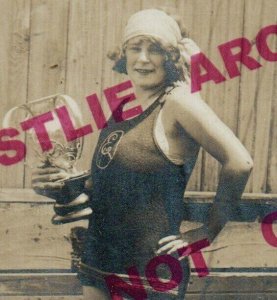 rppc c1926 EVA MORRISON Posing Trophy LONG DISTANCE SWIMMER Woman Swimming CHAMP