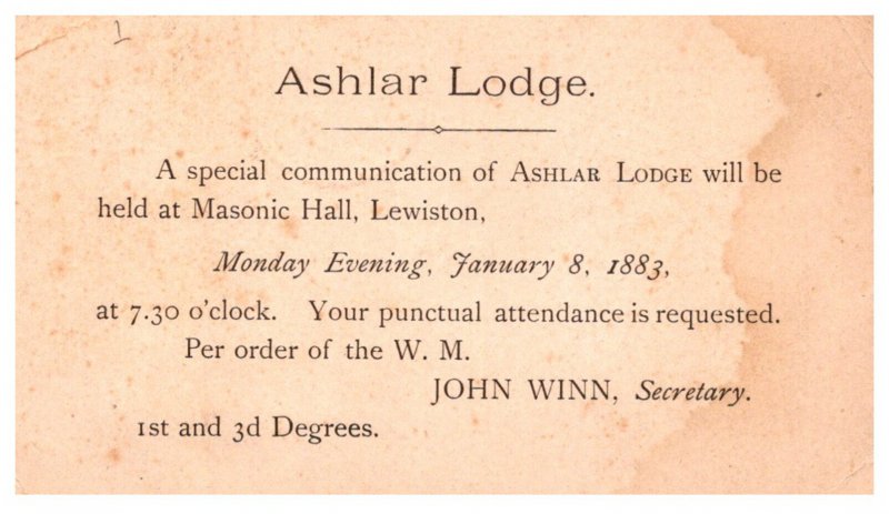 Masonic, Ashlar Lodge, January 8 1883 Maine lewiston