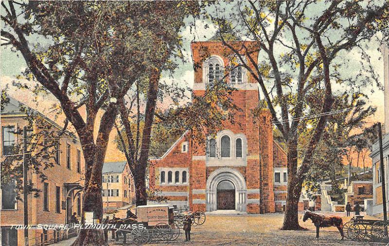 Plymouth MA Town Square Horse & Wagons Postcard