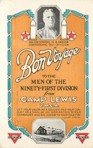 WWI Postcard Bon Voyage to the Men of the Ninety First Division Camp Lewis YMCA