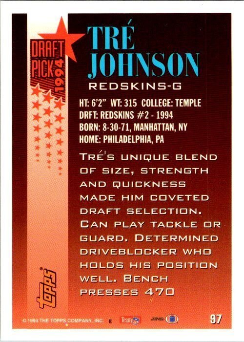 1996 Topps Football Card Tre Johnson Washington Redskins sk 21422