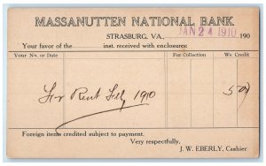 1910 For Rent Massanutten National Bank Strasburg Virginia VA Postal Card