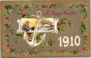 A Happy New Year 1910 - anchor, holly on gold background - posted Burnside Iowa