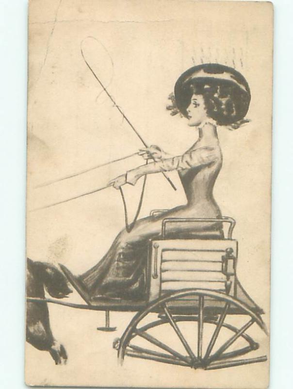 Pre-Linen Slight Risque Interest WOMAN IN HORSE CARRIAGE RAISES WHIP AB7848