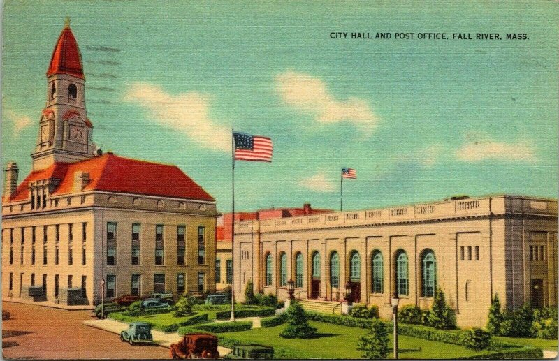 City Hall and Post Office Fall River Mass American Flag PM 1942 Vintage Postcard 