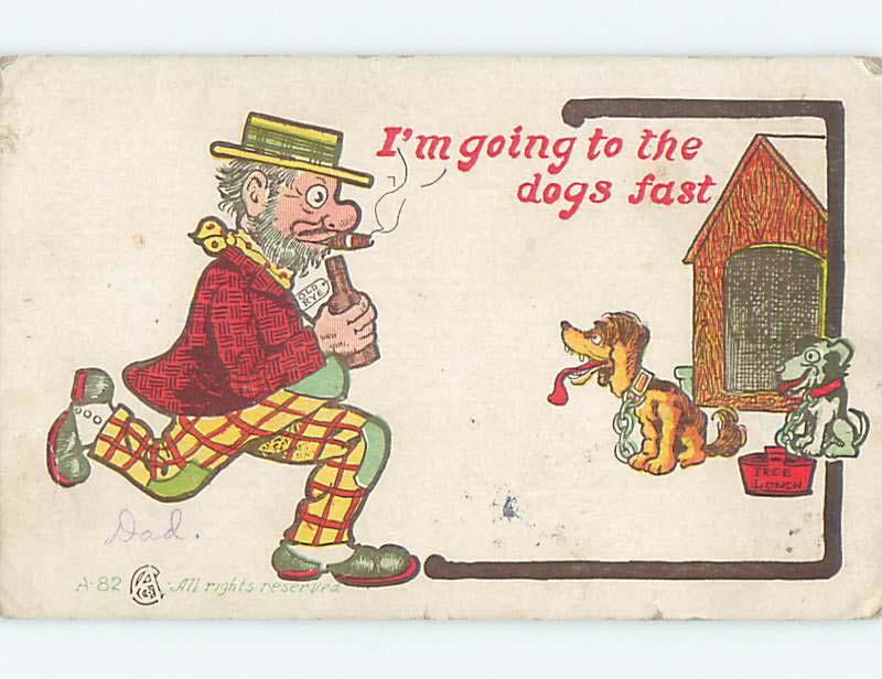 Pre-Linen comic DOGS & MAN WITH BOTTLE OF RYE WHISKEY BOTTLE - TEMPERANCE HQ8560