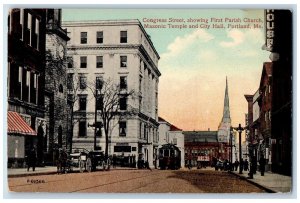 c1950 Congress Street Church Masonic Temple City Hall Portland Maine ME Postcard