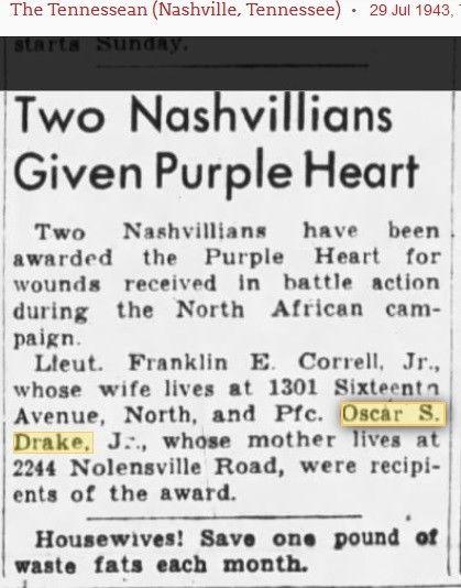 WWII Training 1942 Purple Heart PVT Oscar S Drake 2nd Infantry Nashville TN War