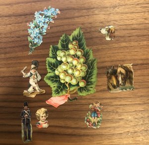 RARE ANTIQUE VICTORIAN DIE CUT SCRAPS  ANGEL HORSE SOLDIER CIRCUS DOG FLOWERS 