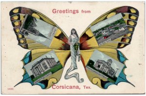 RARE 1908 FLAG CANCEL POSTCARD Corsicana, Texas BUTTERFLY DESIGN, Historic Sites