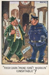 Phone Broken Disaster Policeman Grandfather Clock Old Comic Postcard
