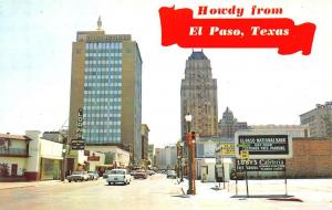 El Paso TX Business District Storefronts Bank Sign Old Cars Postcard