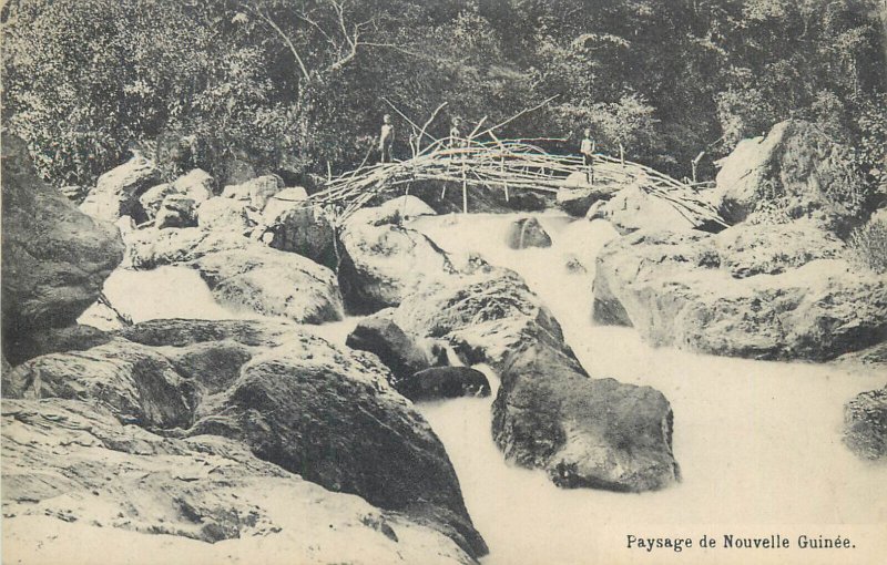 Oceania New Guinea scenic landscape vintage postcard nativee bridge 