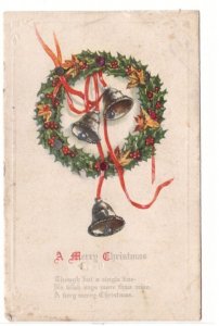 A Merry Christmas, Holly, Wreath, Bells, Antique Glitter Postcard