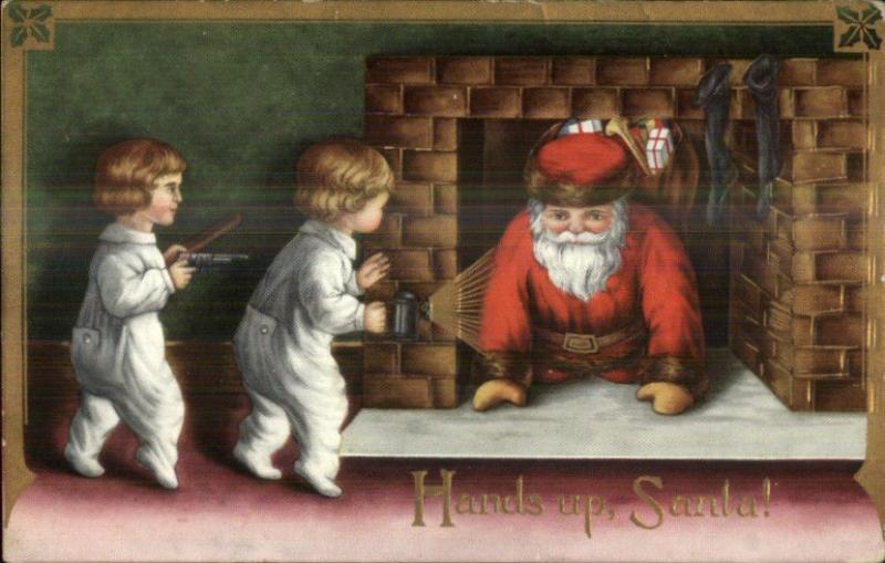 Christmas - Kids Catch Santa Claus in Fireplace c1910 Postcard