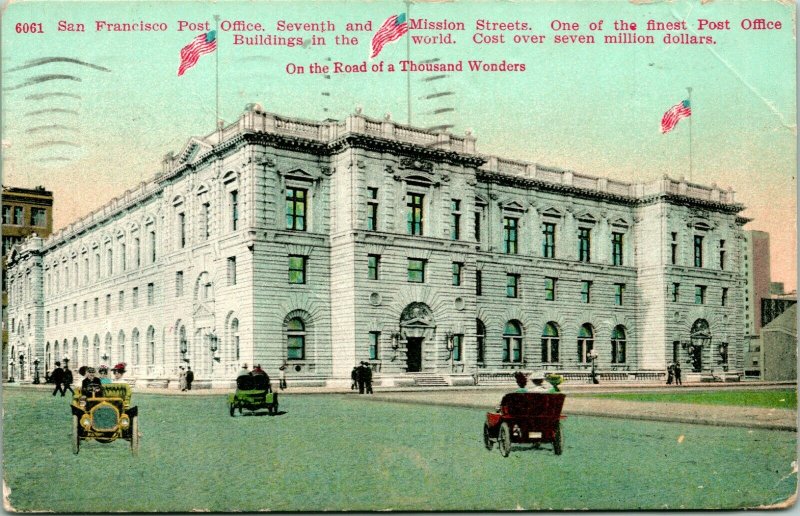 Vtg Postcard 1911 San Francisco, CA Post Office Street View w Cars