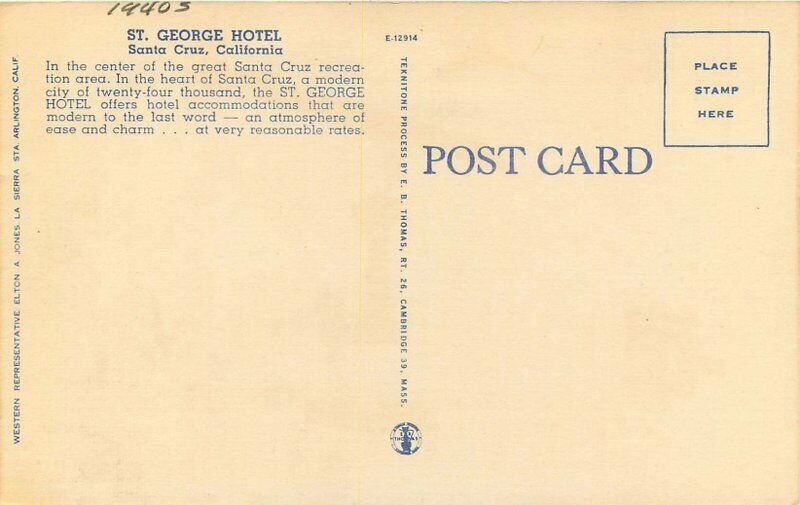 Colorpicture Jones Santa Cruz California St George Hotel Roadside Postcard 8342