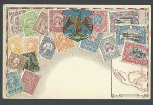 Ca 1908 Mexico 1900 Stamp Set Portrayed On Emb Posted Card W/Map Coat Of Arms