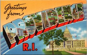 Postcard RI Greetings from Providence - large letter Berger Brothers