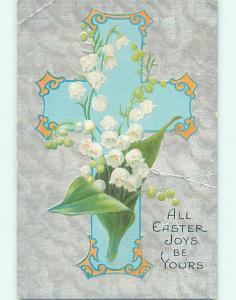 Bent Pre-Linen easter religious LILY OF THE VALLEY FLOWERS ON JESUS CROSS hr2219
