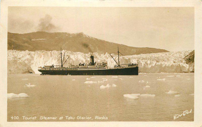 Alaska 1940s Tourist Steamer Taku Glacier Winter Pond RPPC real photo 9733