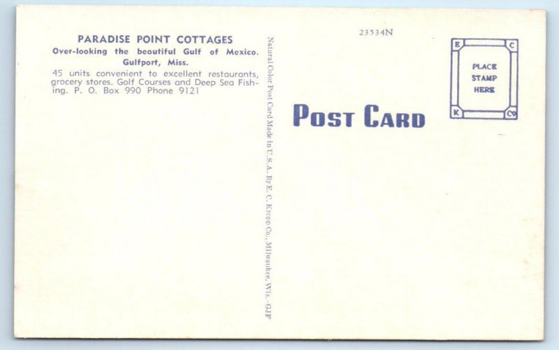 2 Postcards GULFPORT, Mississippi MS~Roadside PARADISE POINT COTTAGES Restaurant