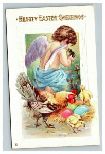 Vintage 1910's Easter Postcard Angel Holding Cute Chick Hen Colored Eggs NICE