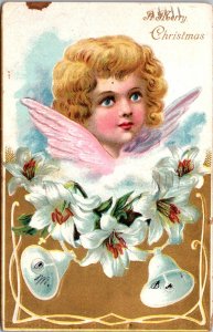 Angel with Lilies, Bells A Merry Christmas Embossed c1907 Vintage Postcard Y47