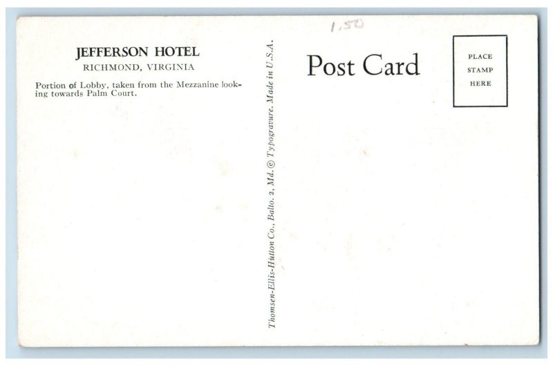 Richmond Virginia Postcard Jefferson Hotel Portion Lobby Mezzanine c1940 Vintage