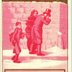 c1880s Blank Stock Victorian Trade Card Man Woman Walking Winter Snow Gold C23