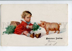 402782 NEW YEAR Girl w/ PINK PIG vintage Colorful Postcard