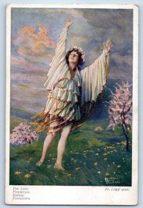 c1910's Woman Raised Two Hands Franz Lowy Signed Artist Antique Postcard