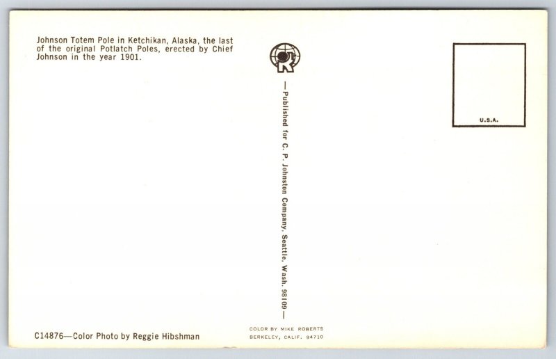 Native Americana~Ketchikan Alaska~Chief Johnson Totem Pole~Vintage Postcard
