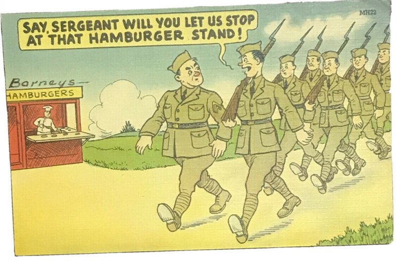 Vintage COMIC Postcard - Marching Soldiers - Hamburger Stand - Let's Stop WWII