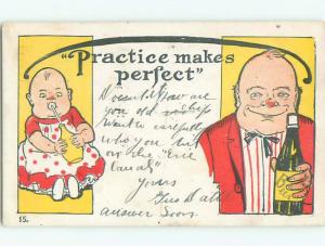 Pre-Linen comic TEMPERANCE - BABY DRINKS BOTTLE - MAN DRINKS ALCOHOL W6896