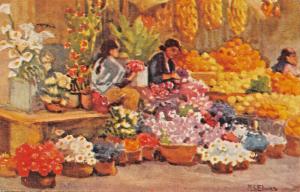 WOMEN SELLING COLORFUL FLOWERS-ARTIST DRAWN-1938 LIEBIG MEXICO COLORES POSTCARD