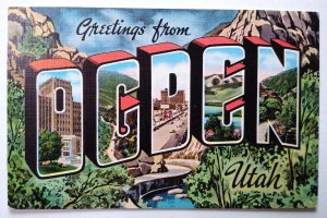 Greetings From Ogden Utah Large Big Letter Linen Postcard Rustic Mountain Unused